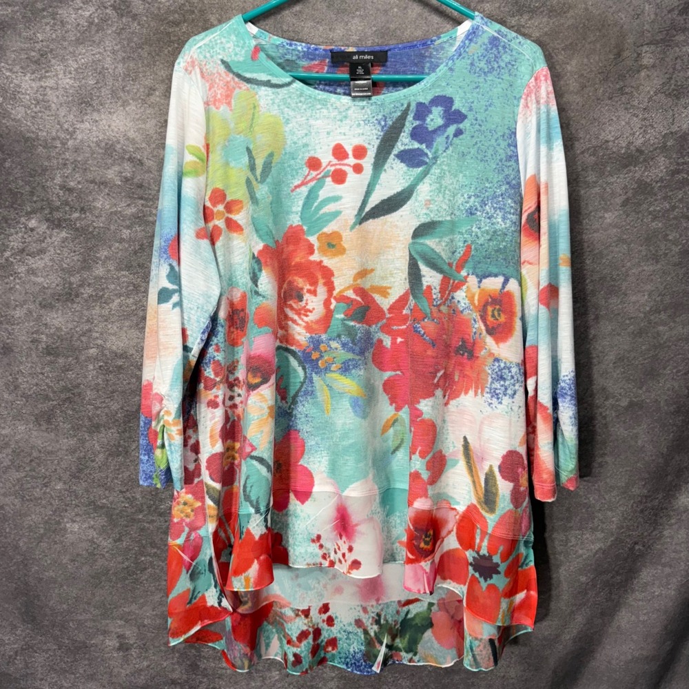 Ali Miles Hi-Lo Tunic Top Size XL Watercolor Floral Boho Artsy Colorful